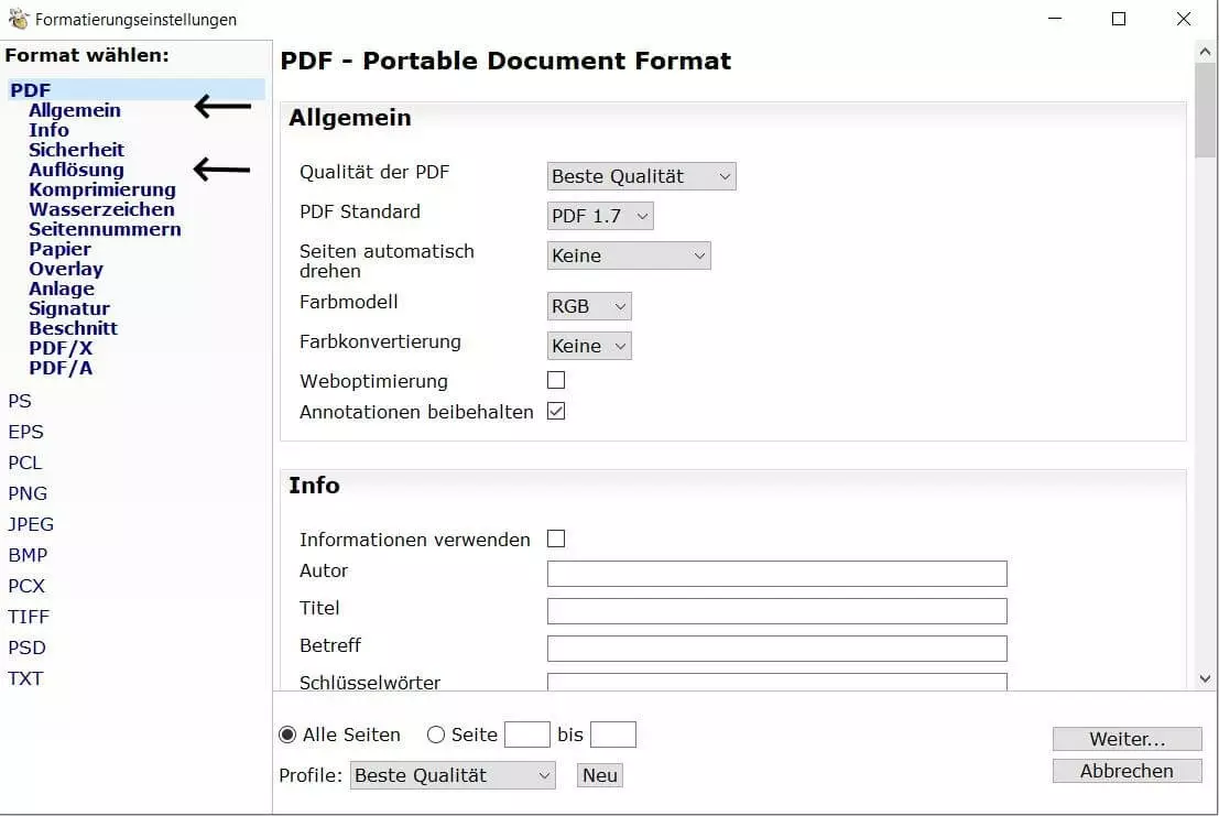 Einstellungsoptionen von PDF24 für den Export einer neuen PDF-Datei