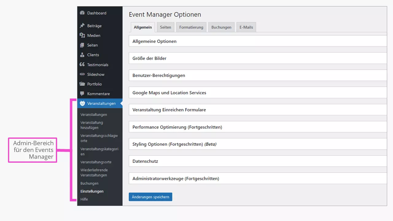 WordPress-Kalender-Plugin Events Manager im WordPress-Backend