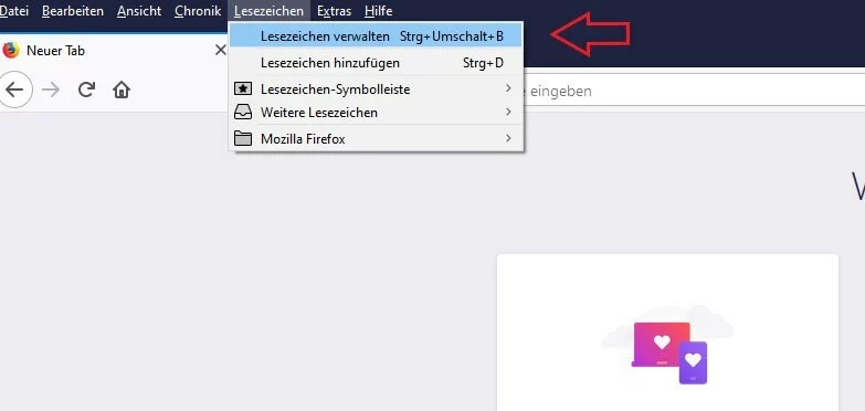 Screenshot Firefox-Browser „Lesezeichen verwalten“