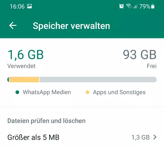 Screenshot „Speicher verwalten“ bei WhatsApp