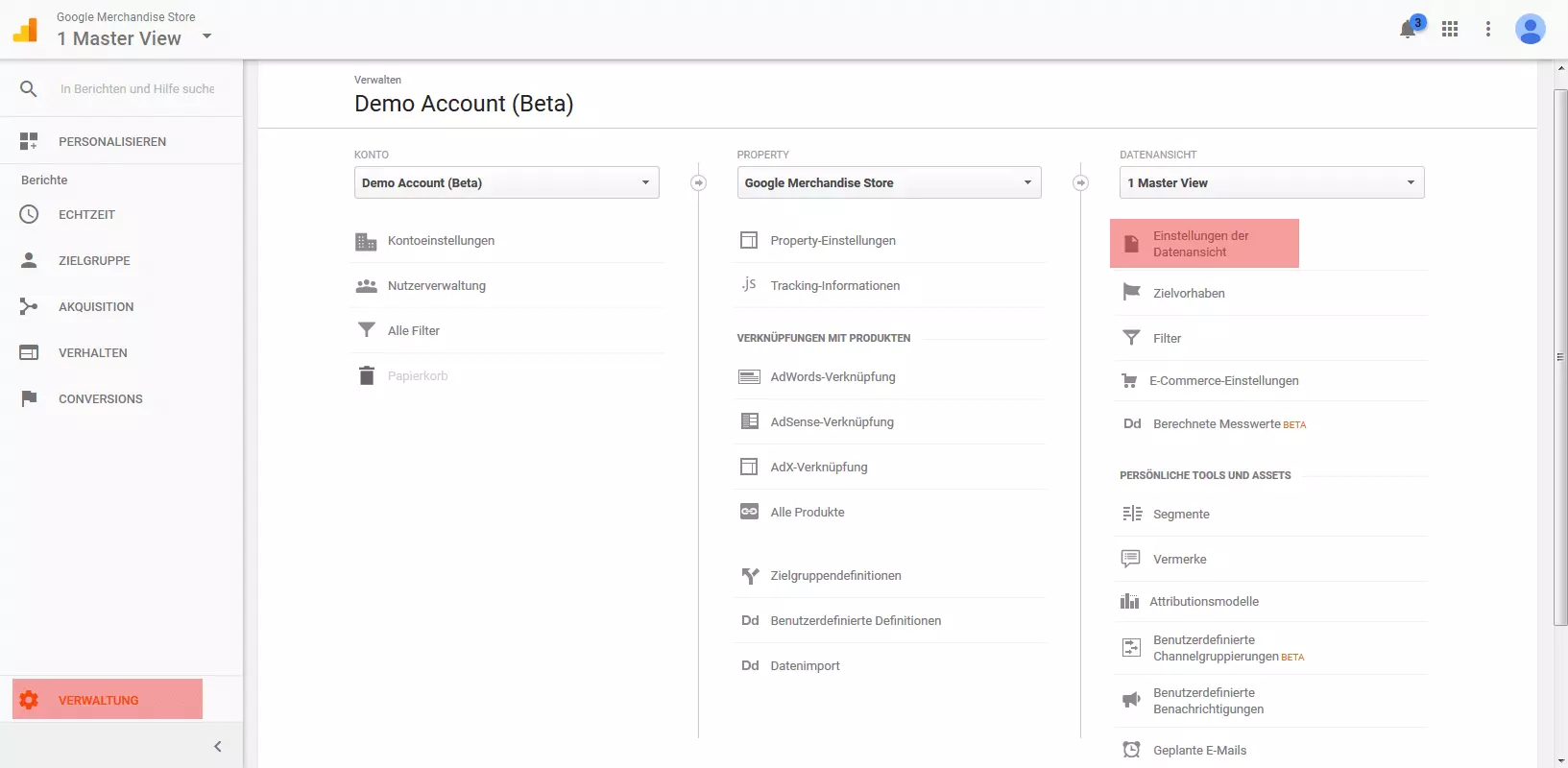 Google-Analytics-Demokonto: Verwaltung