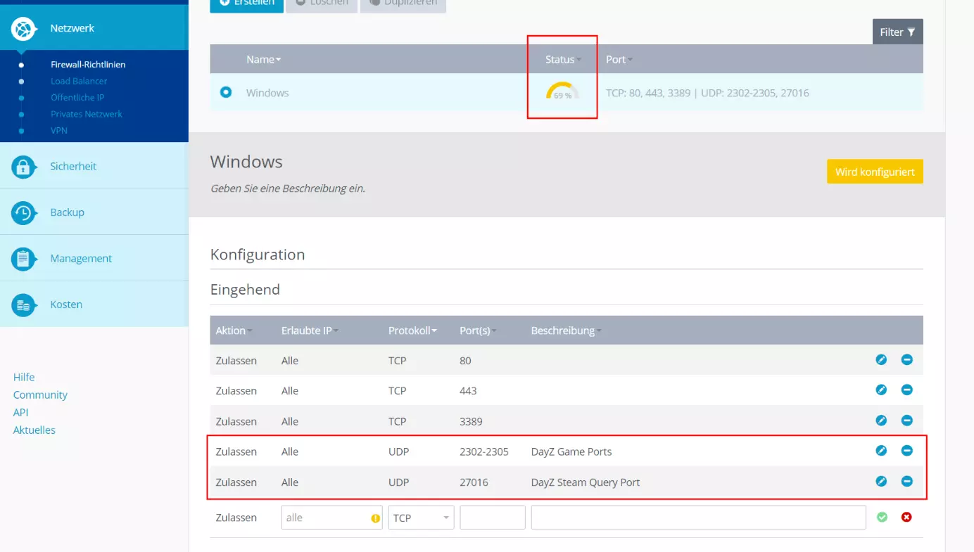 Freigegebene Ports im IONOS Cloud Panel