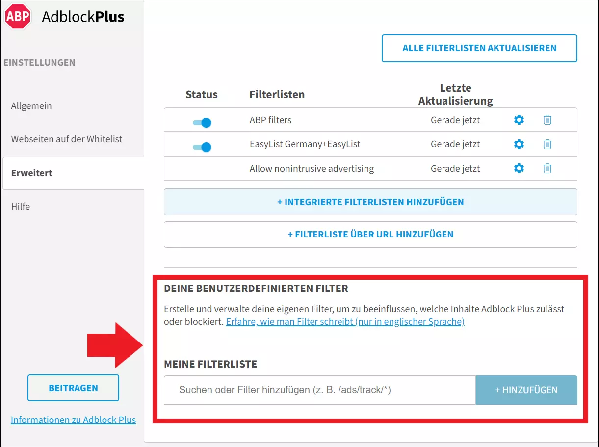 Option für Ausnahmen in den Adblock-Plus-Einstellungen