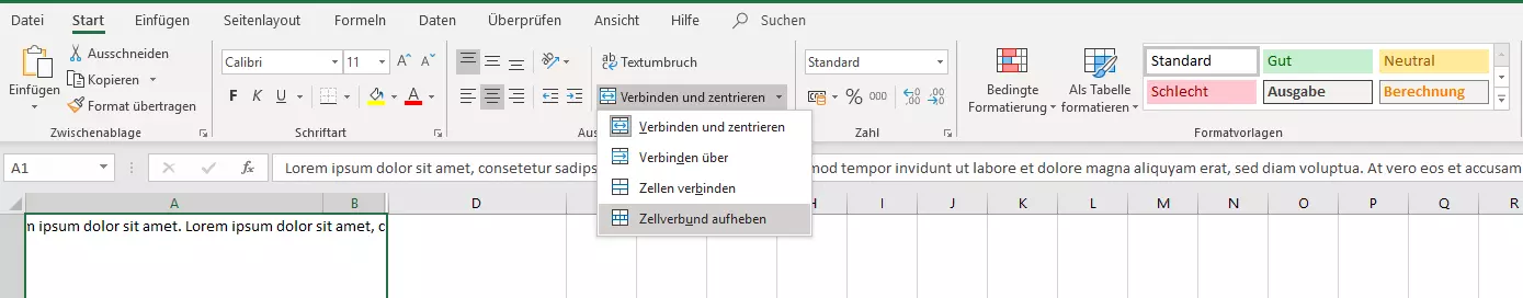 Auswahloptionen im Excel-Menü „Verbinden und zentrieren“