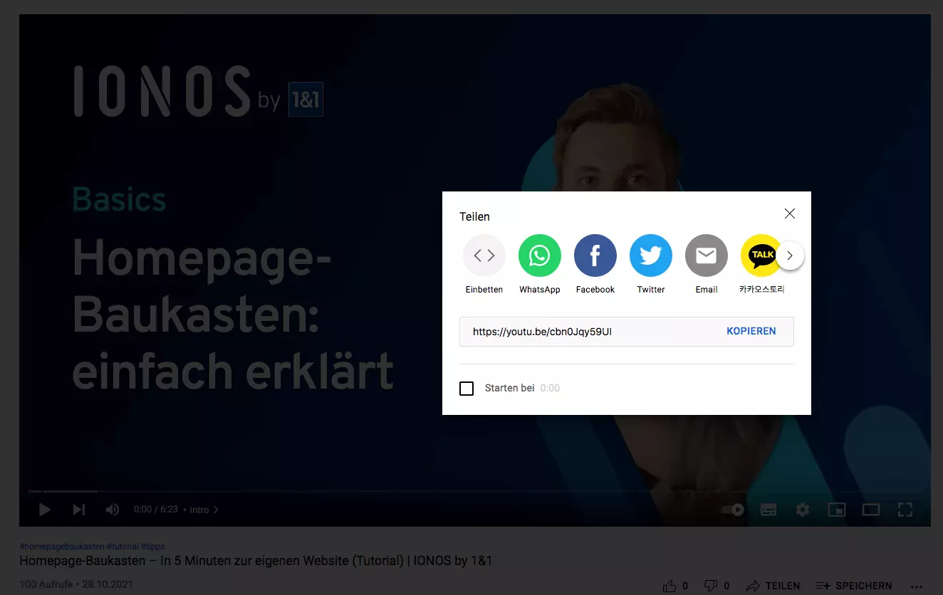 Screenshot des Teilen-Fensters bei YouTube