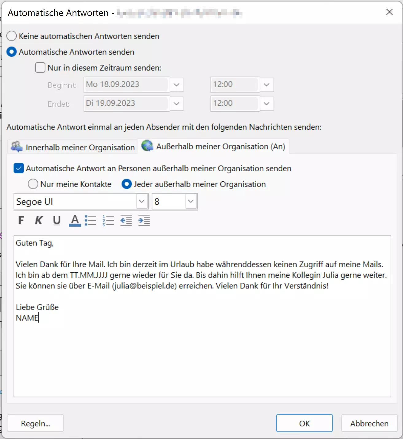 Fenster zur Eingabe einer Abwesenheitsnotiz – mit ausgewählter Option zum Versand in einem bestimmten Zeitraum