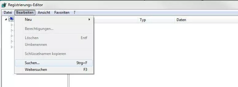 Regedit: „Bearbeiten“-Menü