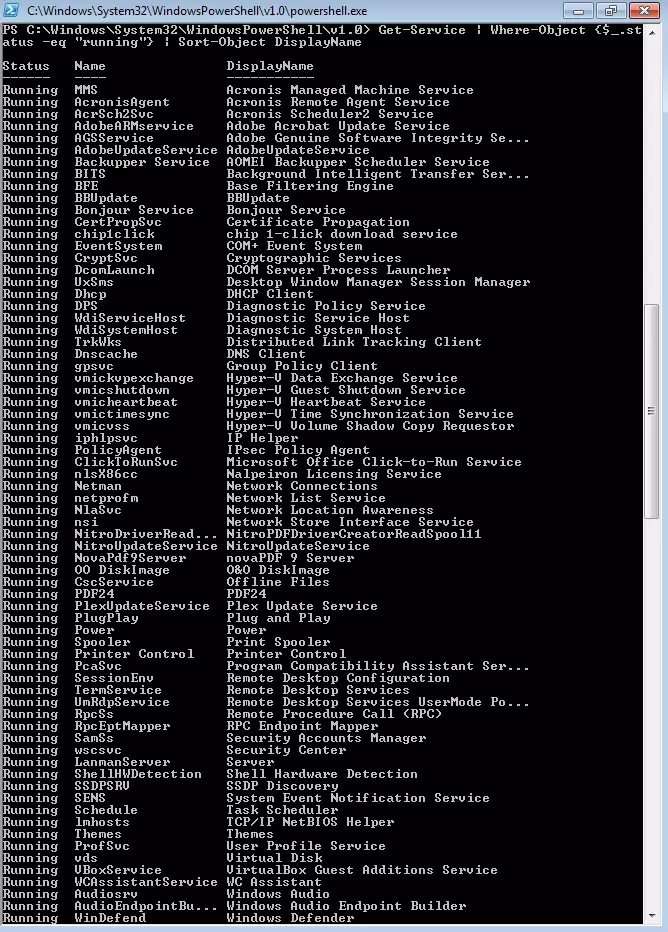 Ergebnisse der Pipeline Get-Service | Where-Object {$_.status –eq "running"} | Sort-Object DisplayName