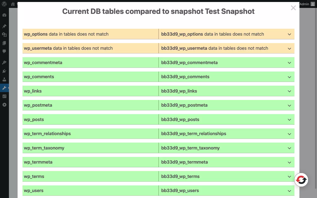 Screenshot der Snapshot-Seite des „WP Reset“-Plugins mit Snapshot-Vergleich