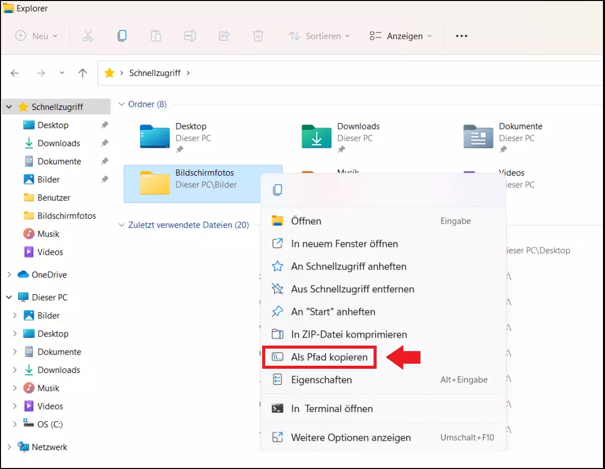 Die Option „Als Pfad kopieren“ im betreffenden Ordnermenü