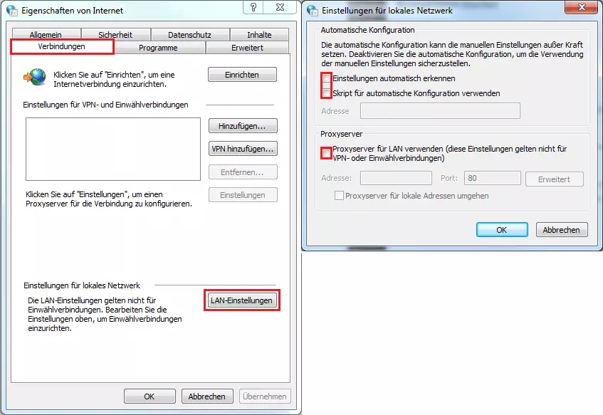 LAN-Einstellungen in den Internetoptionen