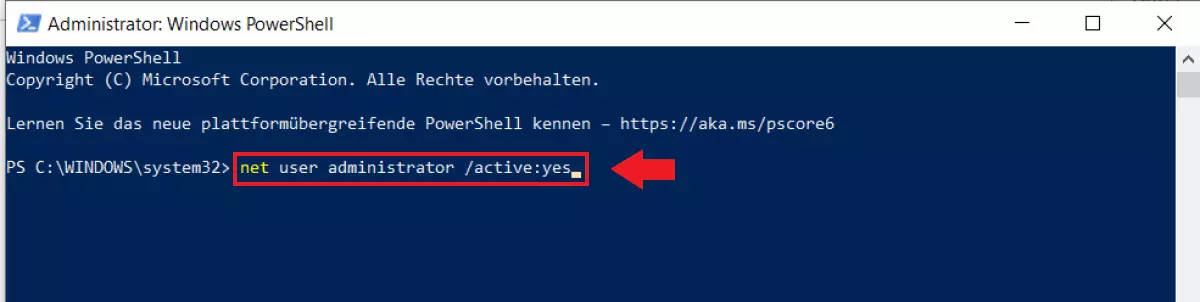 Tragen Sie im Kommandozeileninterpreter von PowerShell den Befehl „net user administrator /active:yes“ ein