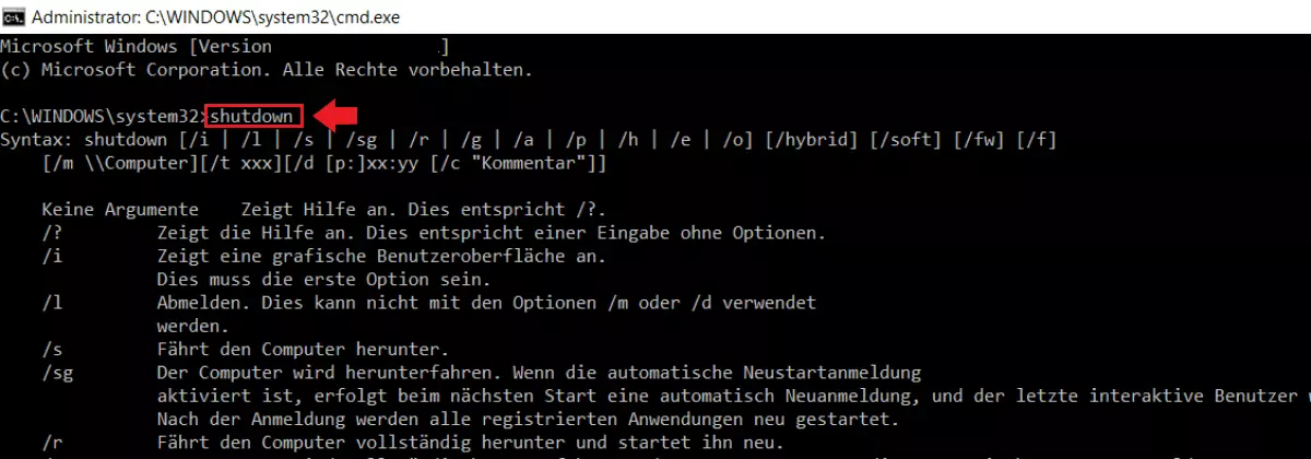 Die Befehlsoptionen für den Shutdown-Befehl in der Eingabeaufforderung