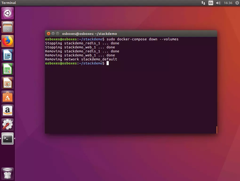 Der Befehl „docker-compose down“ im Ubuntu Terminal