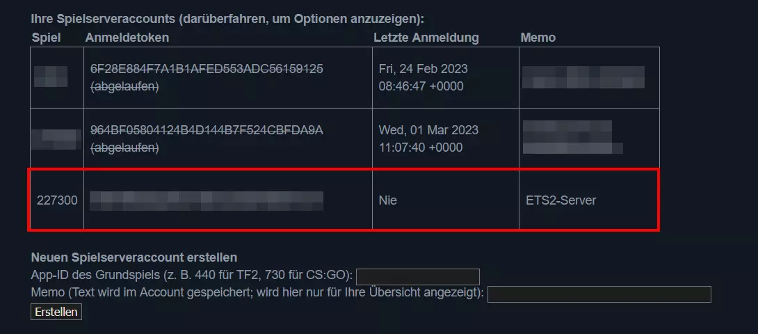 Spielserveraccounts in der Steam-Spielserver-Accountverwaltung