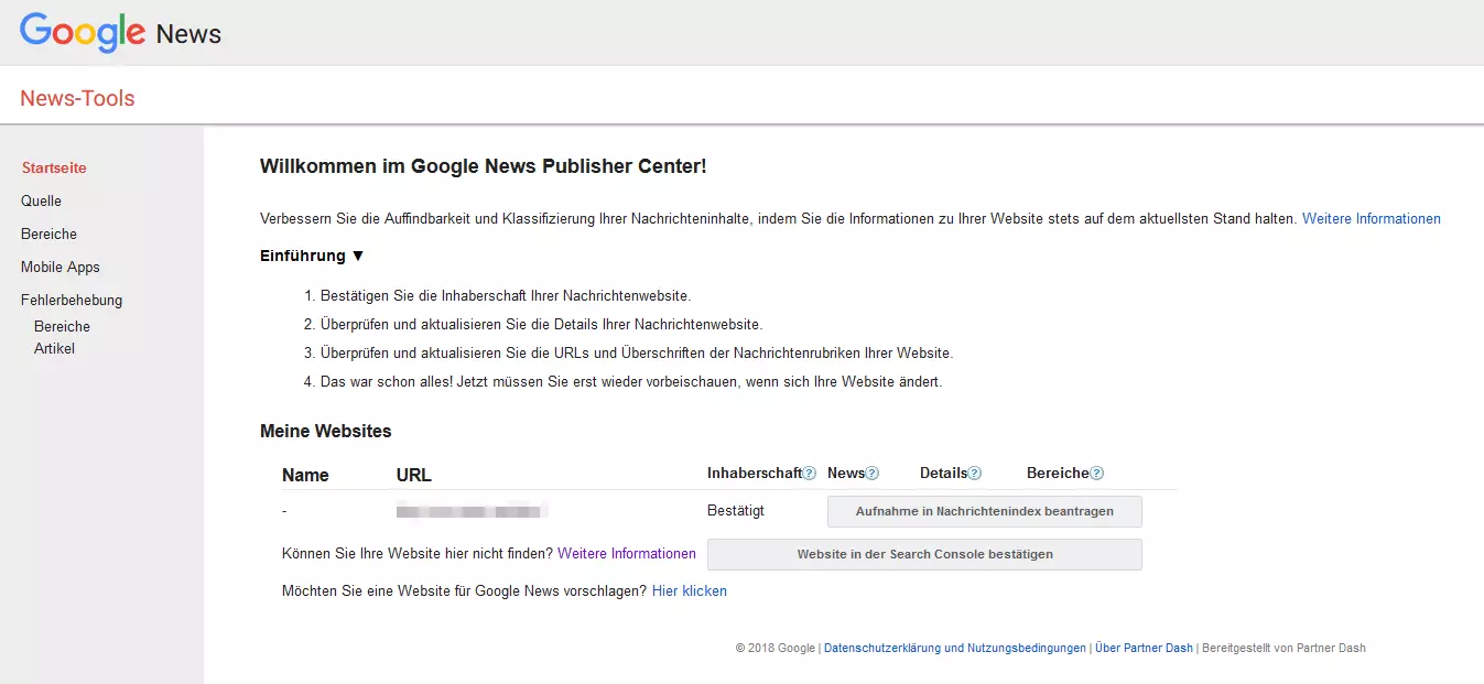 Startseite des Google News Publisher Centers