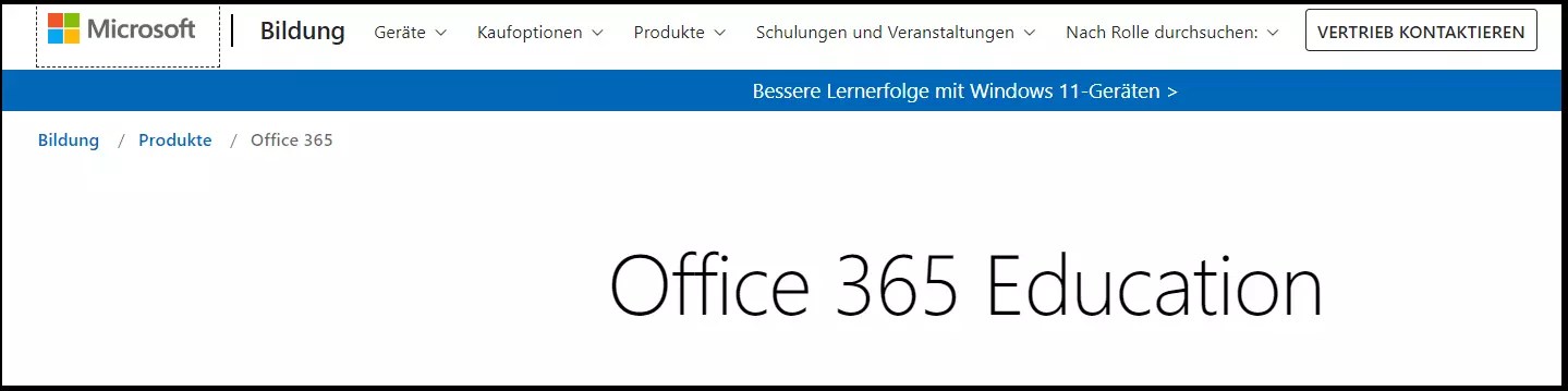 Die Startseite von Microsoft Office 365 Education