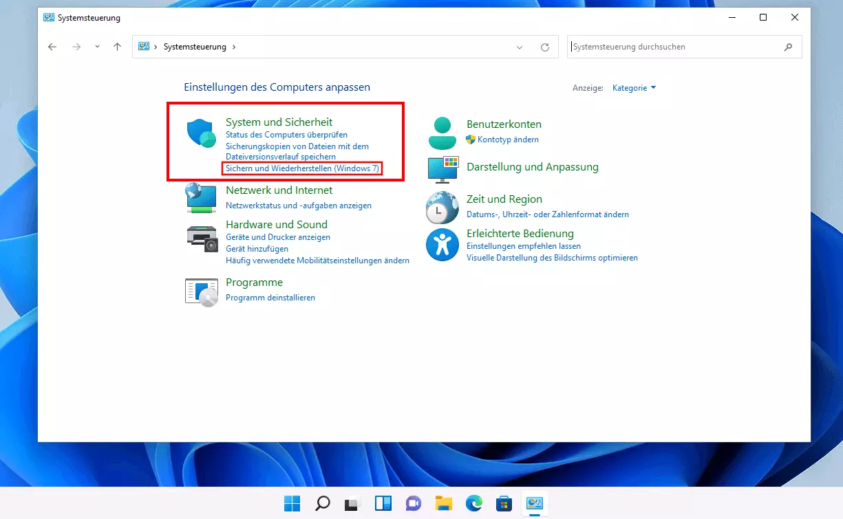 „Sichern und Wiederherstellen“ in der Windows-11-Systemsteuerung