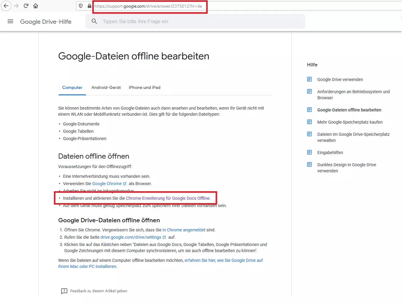 Google-Drive-Hilfeseite für „Google-Dateien offline bearbeiten“