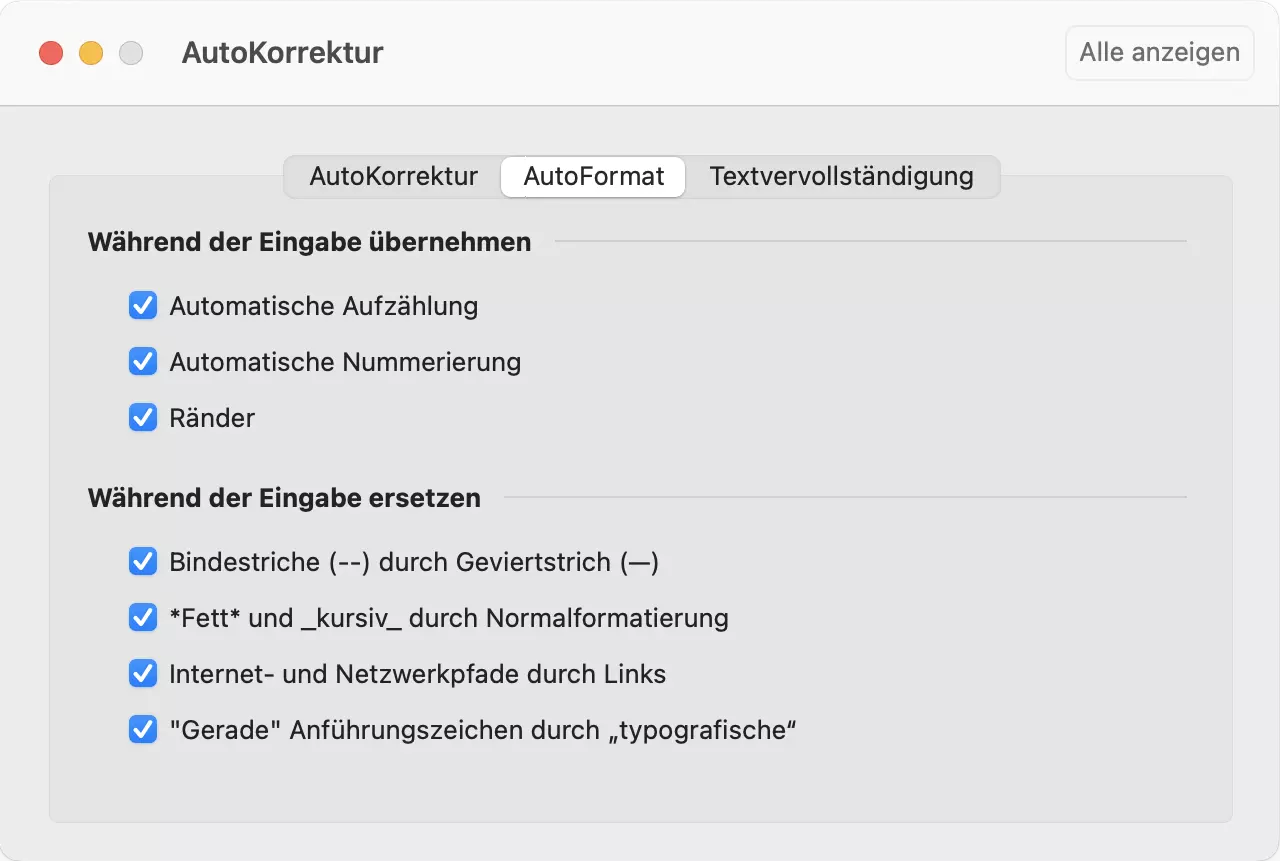 Outlook für Mac: AutoFormat-Optionen