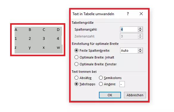 Tabelle aus bestehendem Text erstellen