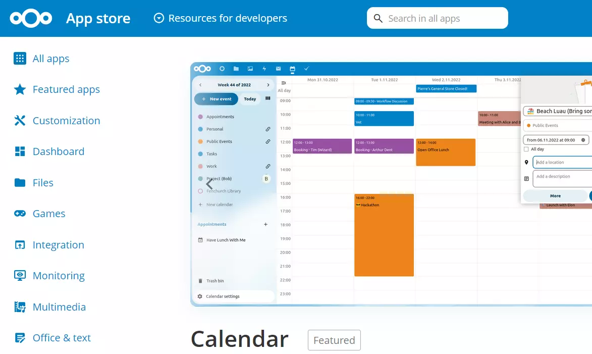 Calendar im Nextcloud App Store