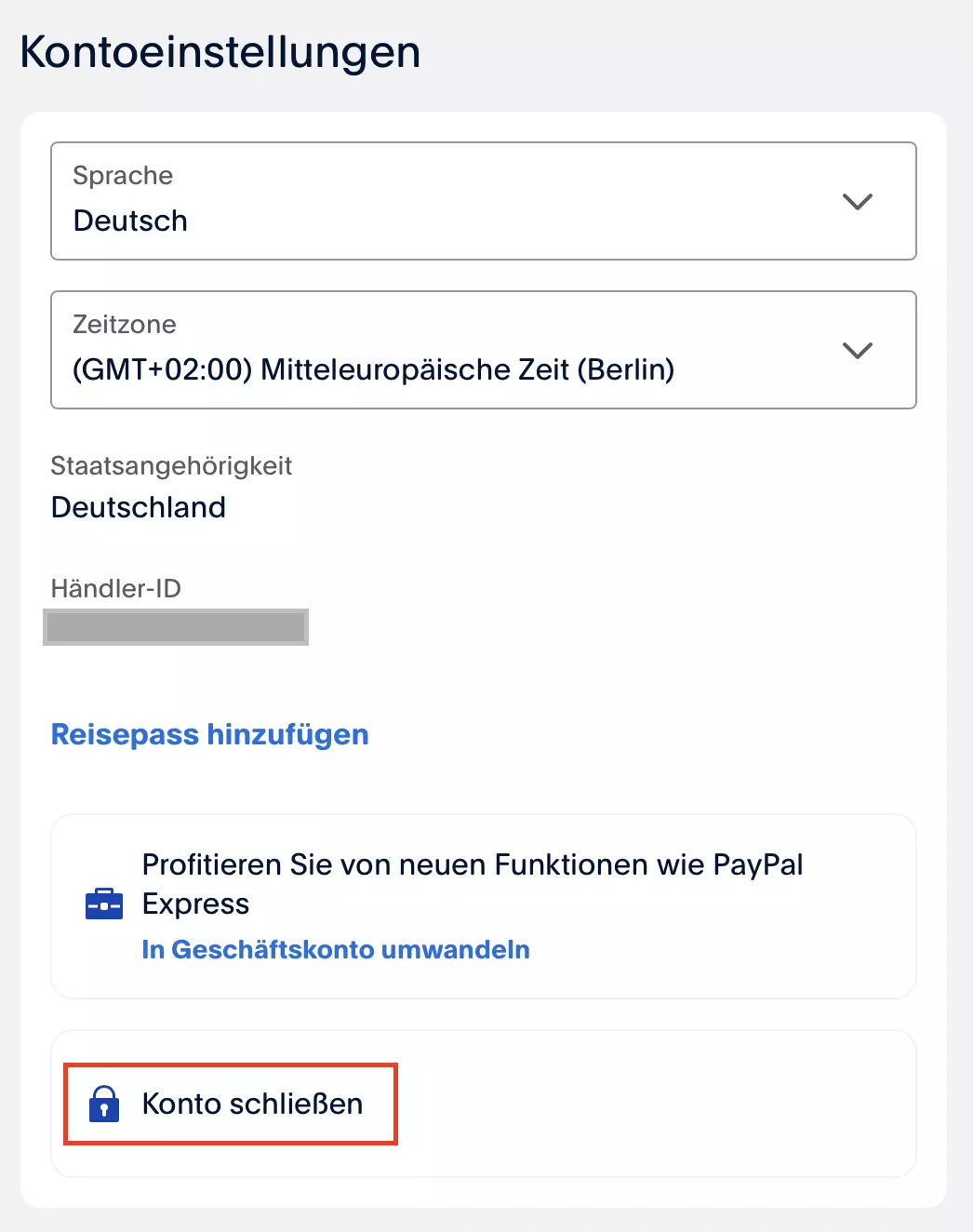 PayPal: Kontoeinstellungen