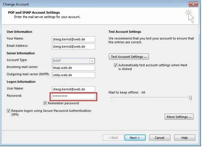 Server- und Anmeldungseinstellungen für einen ausgewählten E-Mail-Account in Outlook 2016