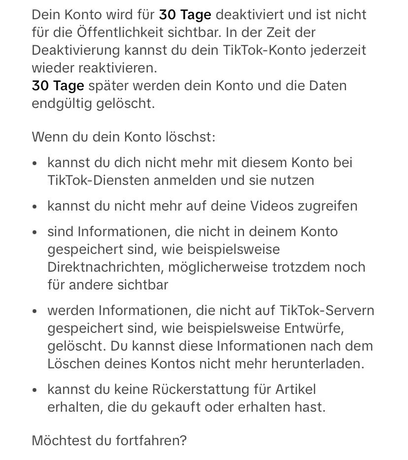 Informationstext zum TikTok-Konto-Löschen