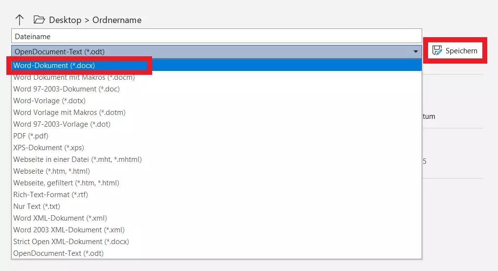 ODT-Datei in Word umwandeln durch Speichern im DOCX-Format