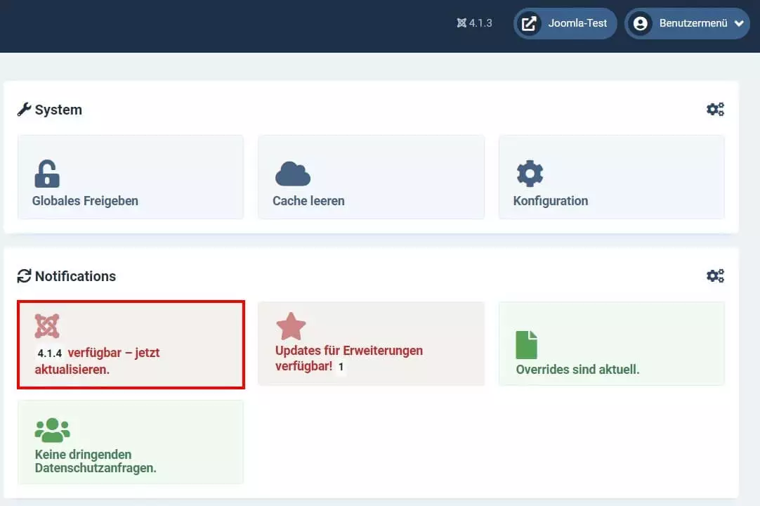 Joomla-Dashboard: Neue Joomla-Version verfügbar