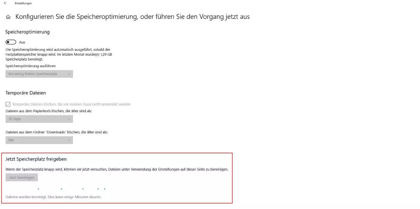 Rubrik „Jetzt Speicherplatz freigeben“ in der Windows-10-Speicheroptimierung