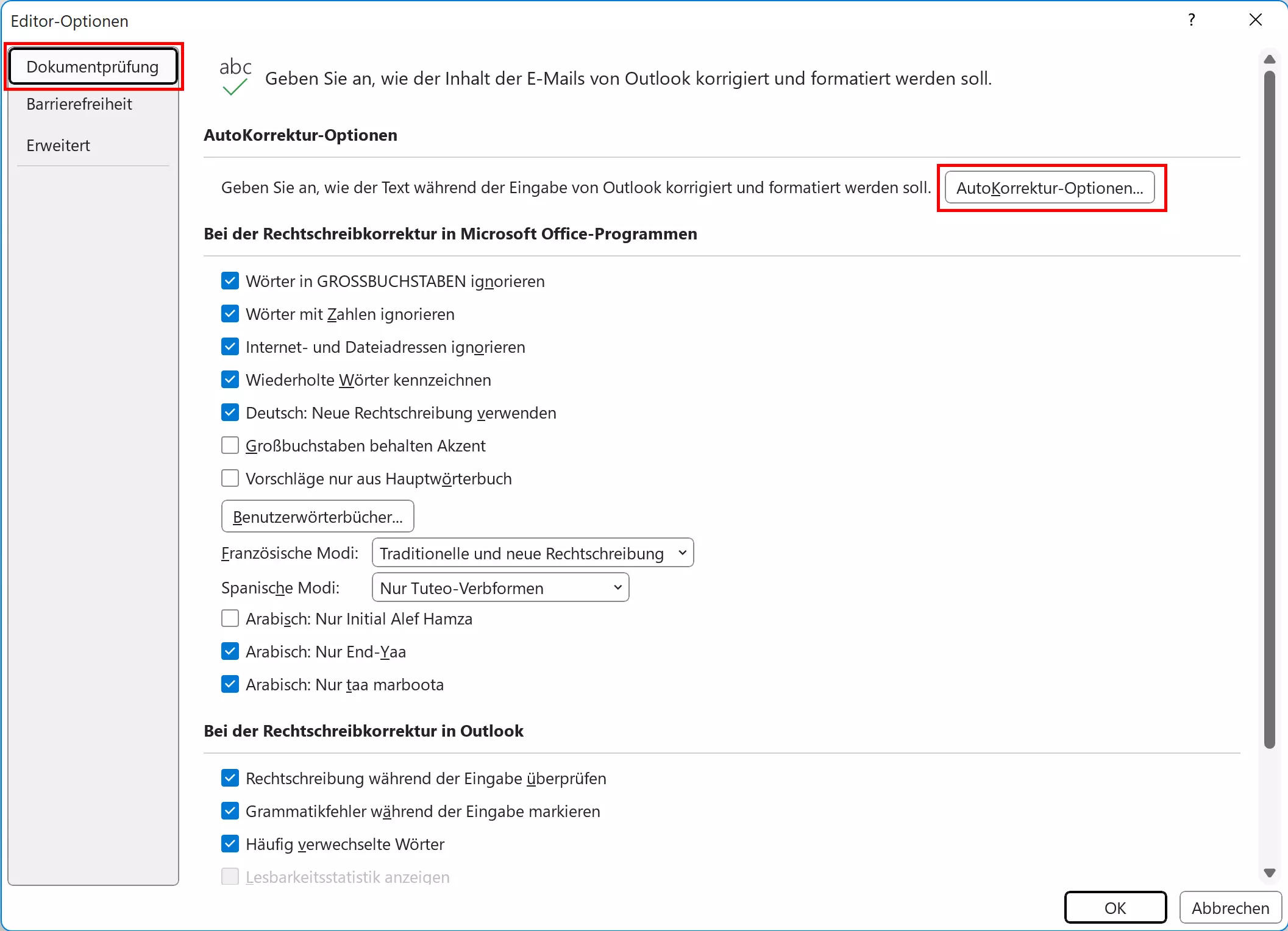 Outlook-Editor-Optionen: Rubrik „Dokumentenprüfung“