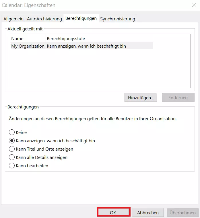 Outlook: Einstellungen für die Freigabeeinladung