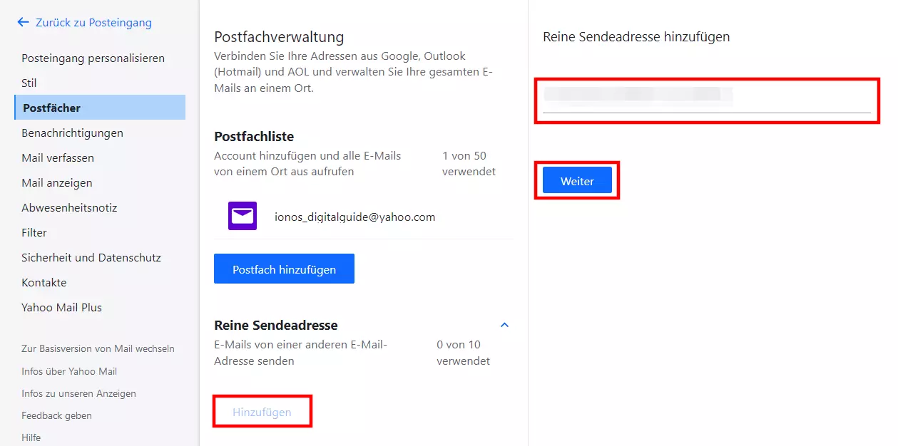 Sendeadresse hinzufügen in Yahoo Mail