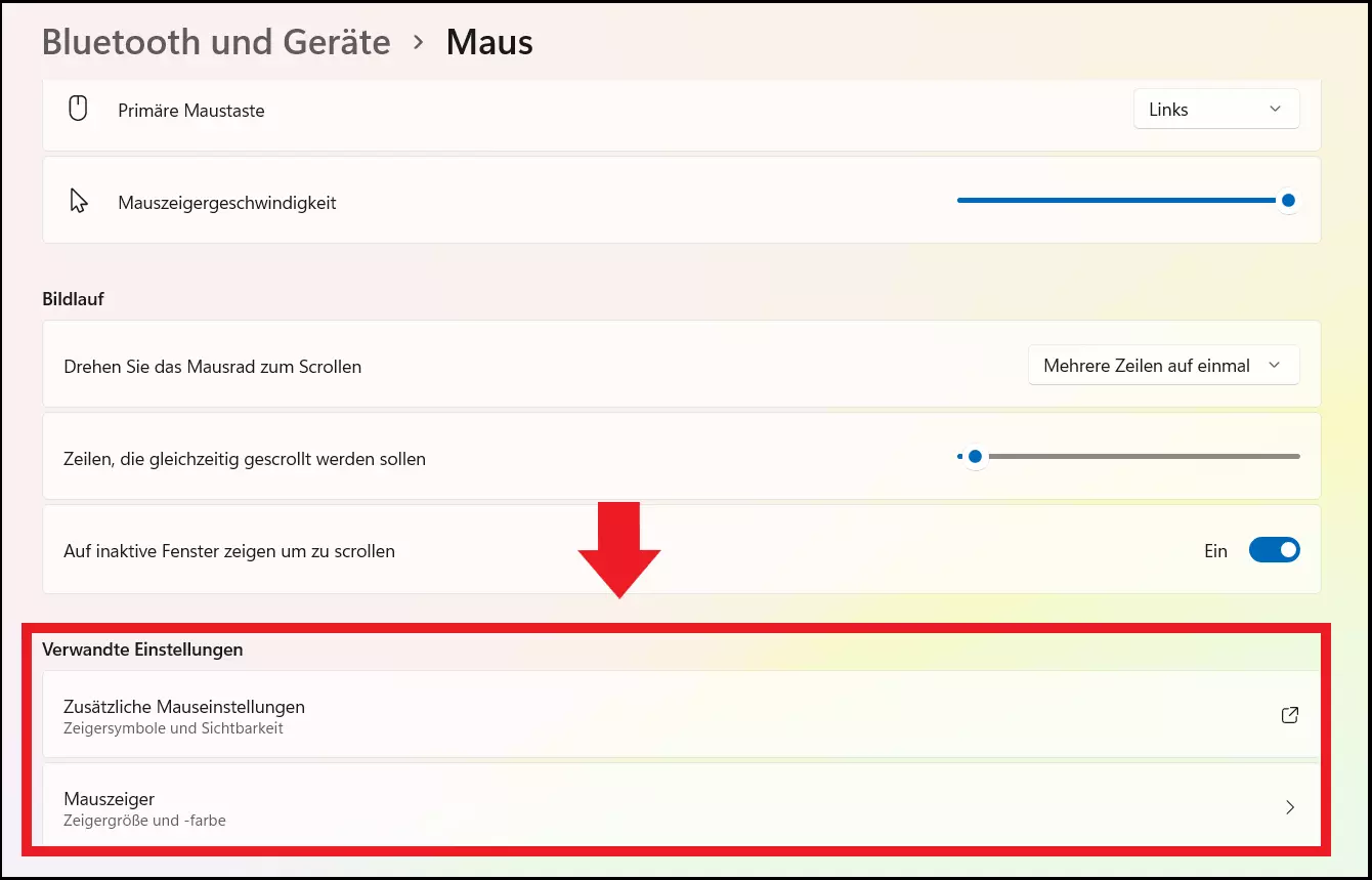 Die Menüs „Zusätzliche Mauseinstellungen“ und „Mauszeiger“ unter „Verwandte Einstellungen“ in den Cursor-Einstellungen