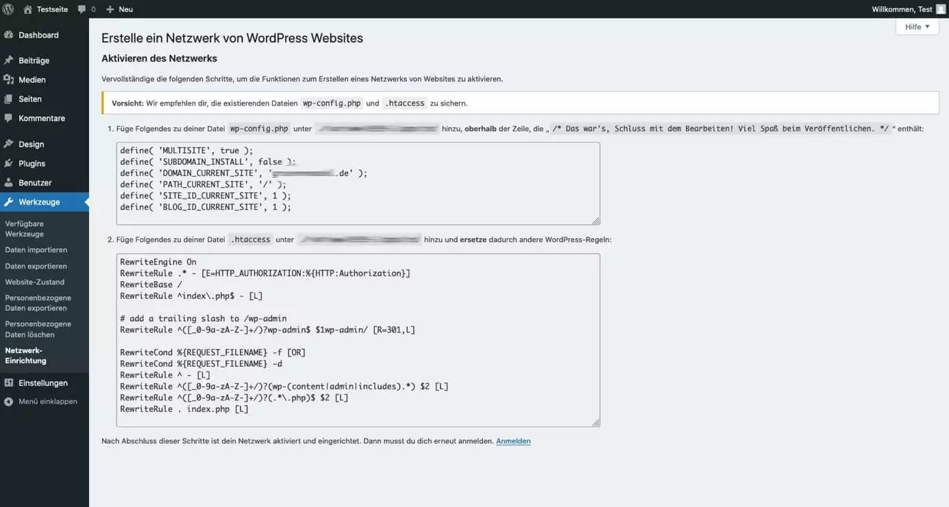 Code für die Netzwerk-Einrichtung im WordPress-Backend