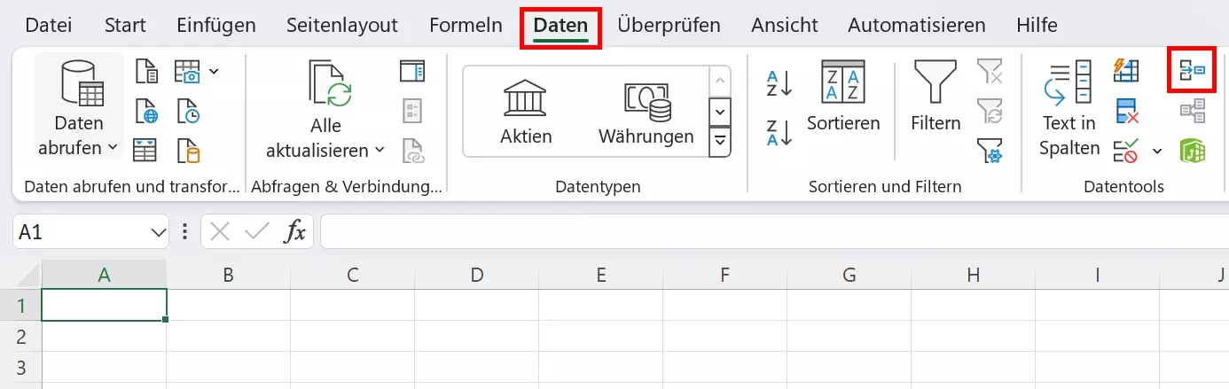 Gehen Sie im Menüband auf „Daten“ und klicken Sie im Feld „Datentools“ auf „Konsolidieren“