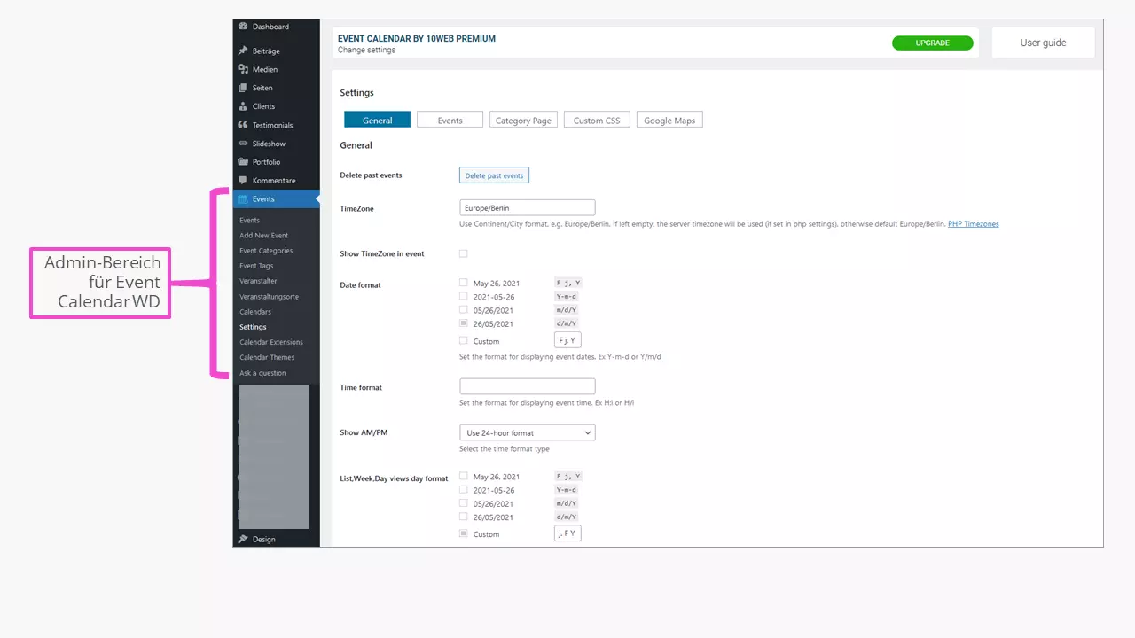 Der Admin-Bereich eines eingebundenen WordPress-Kalenders mit Event Calendar