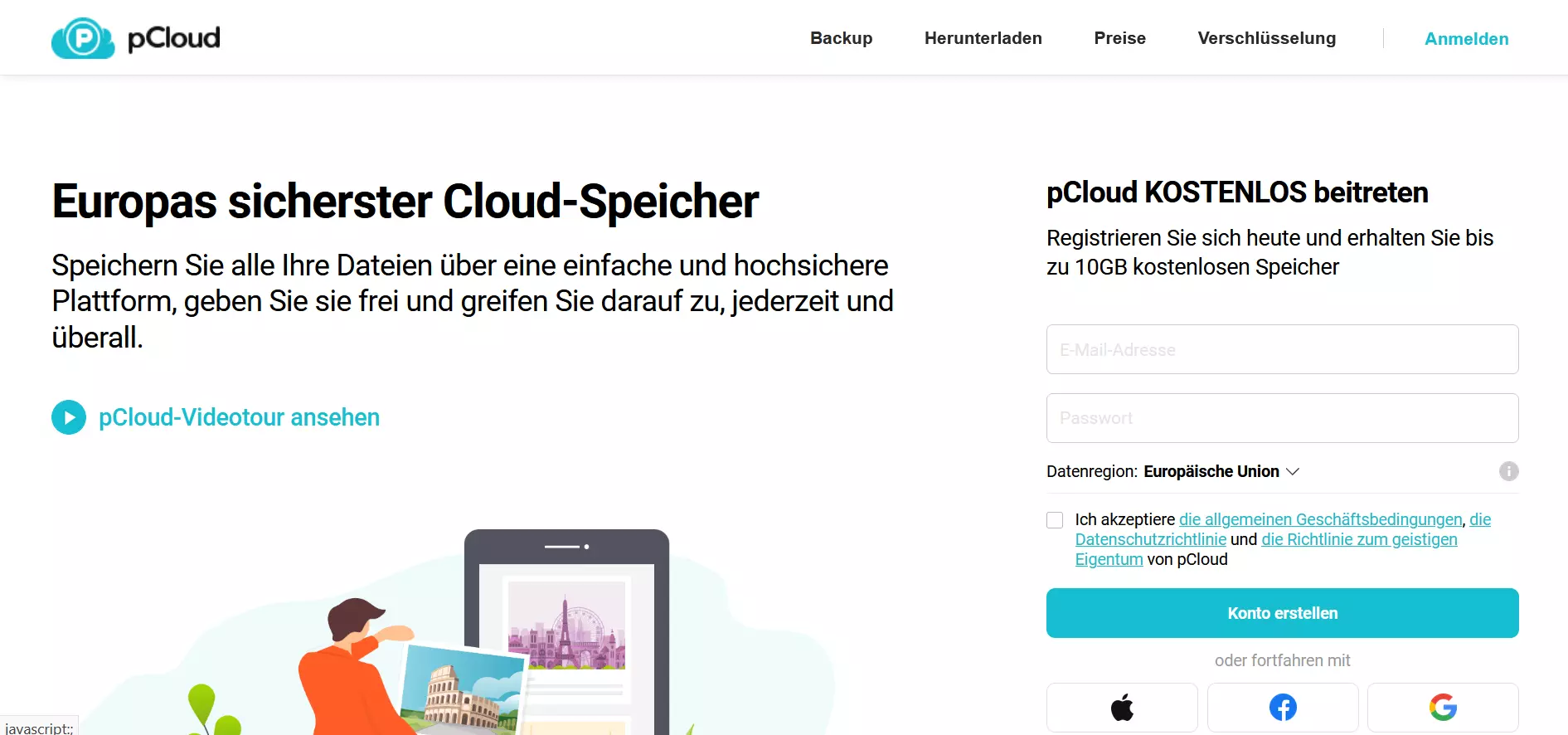 Screenshot der Vorstellungsseite von pCloud