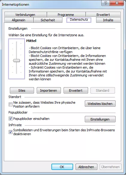 Internet Explorer: Fenster der Internetoptionen und Cookie-Einstellungen