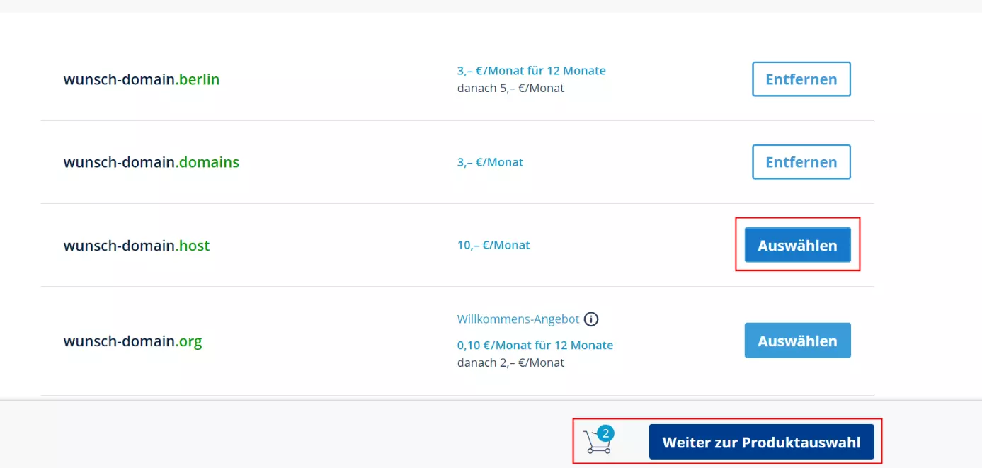 IONOS: Auswahl der Domains für den Kauf