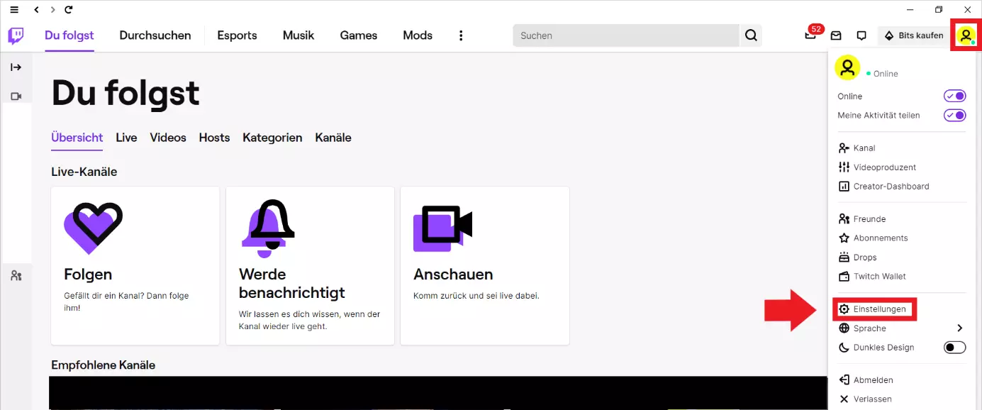 Menü unter dem Profilbild in der Twitch Desktop-App