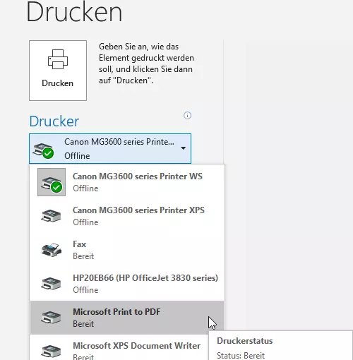 Outlook-Druckoptionen