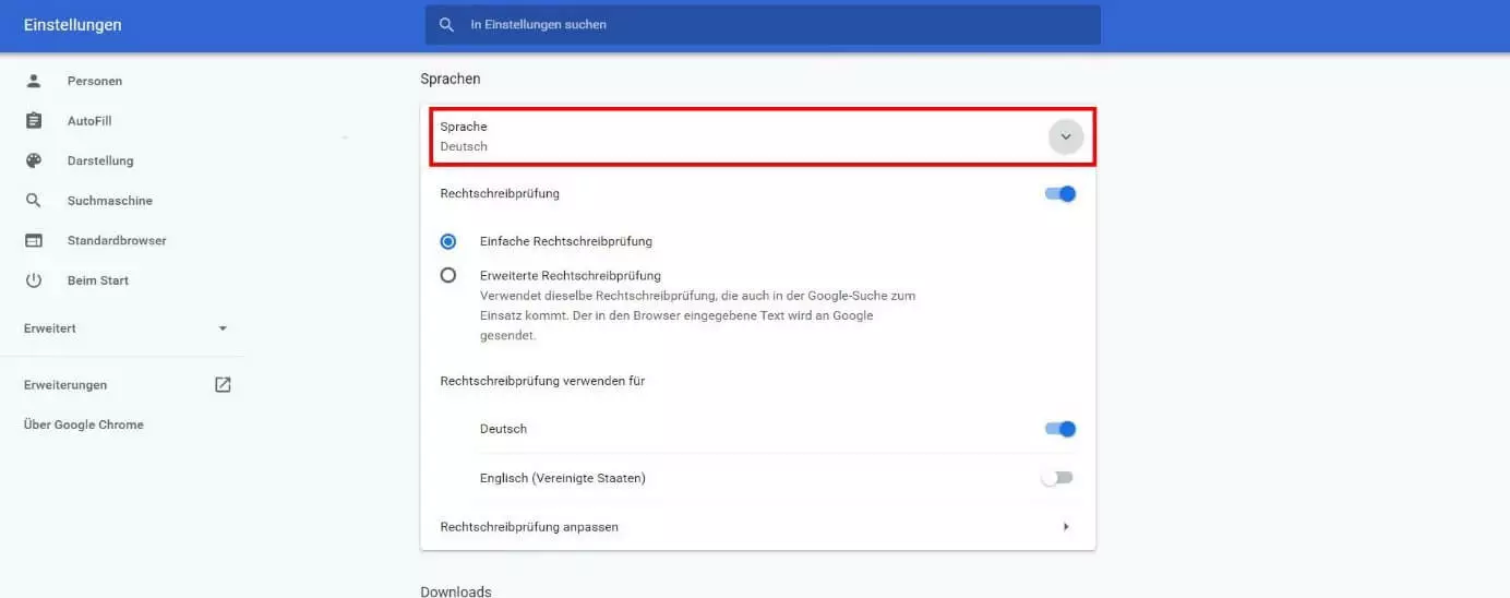 Menü „Sprachen“ in den Chrome-Browser-Einstellungen