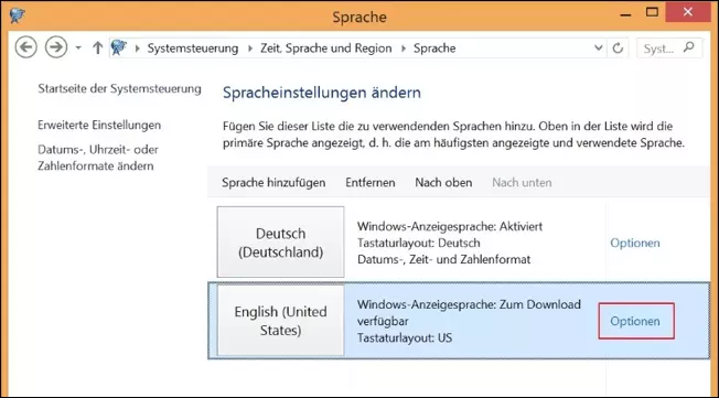 Dialogfenster „Spracheinstellungen ändern“