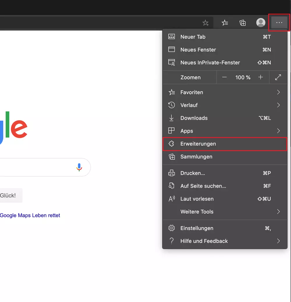 Im Edge-Menü oben rechts finden Sie den Punkt „Erweiterungen“