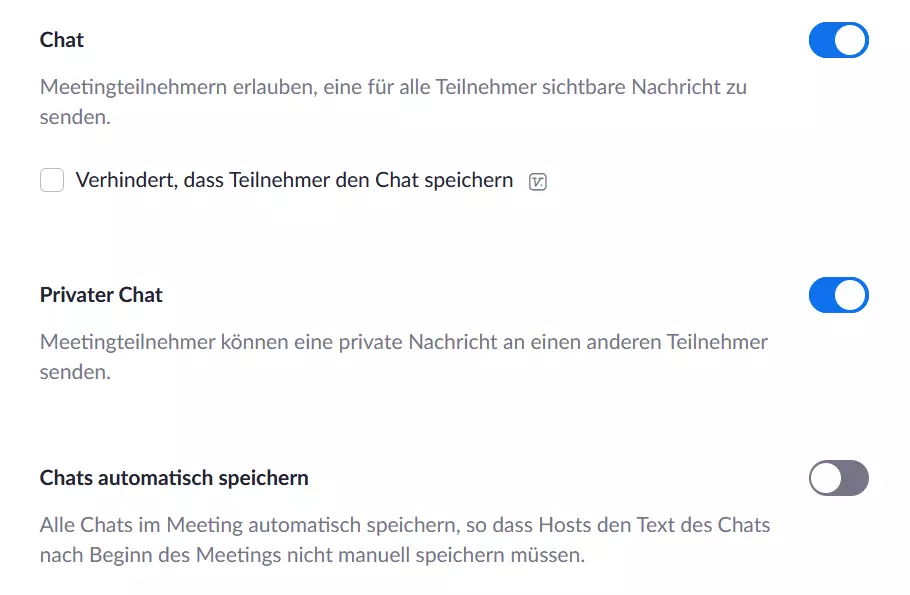 Chat-Optionen in den Zoom-Einstellungen der Website