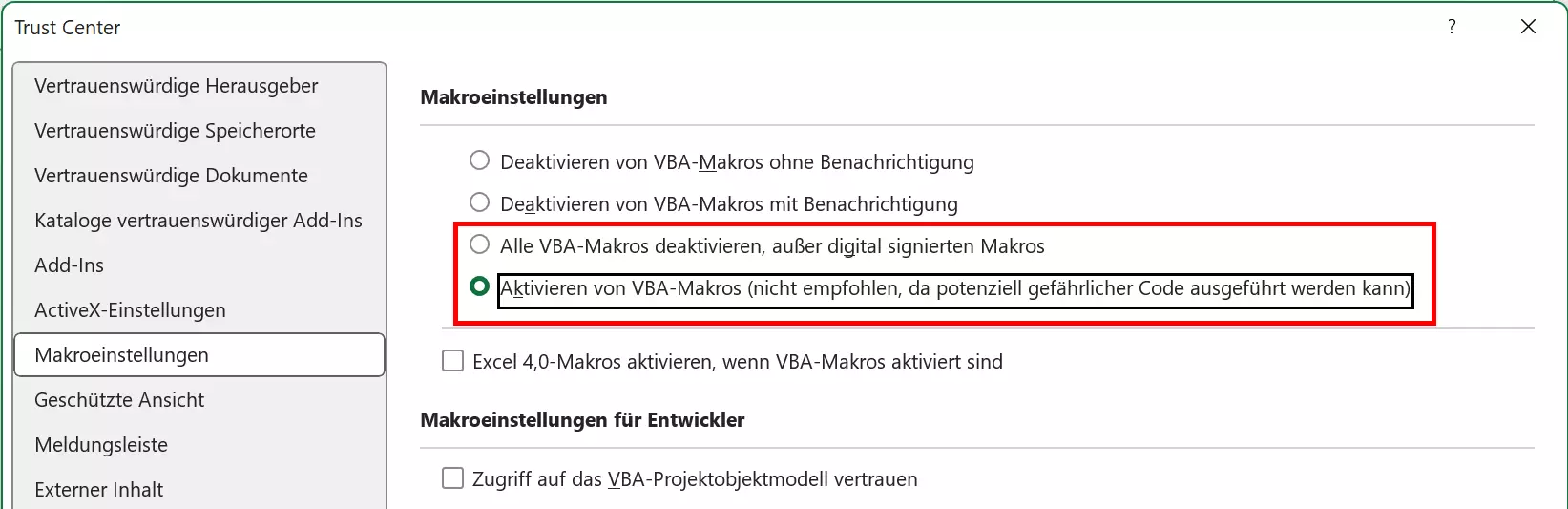 Makroeinstellungen im Trust Center von Excel