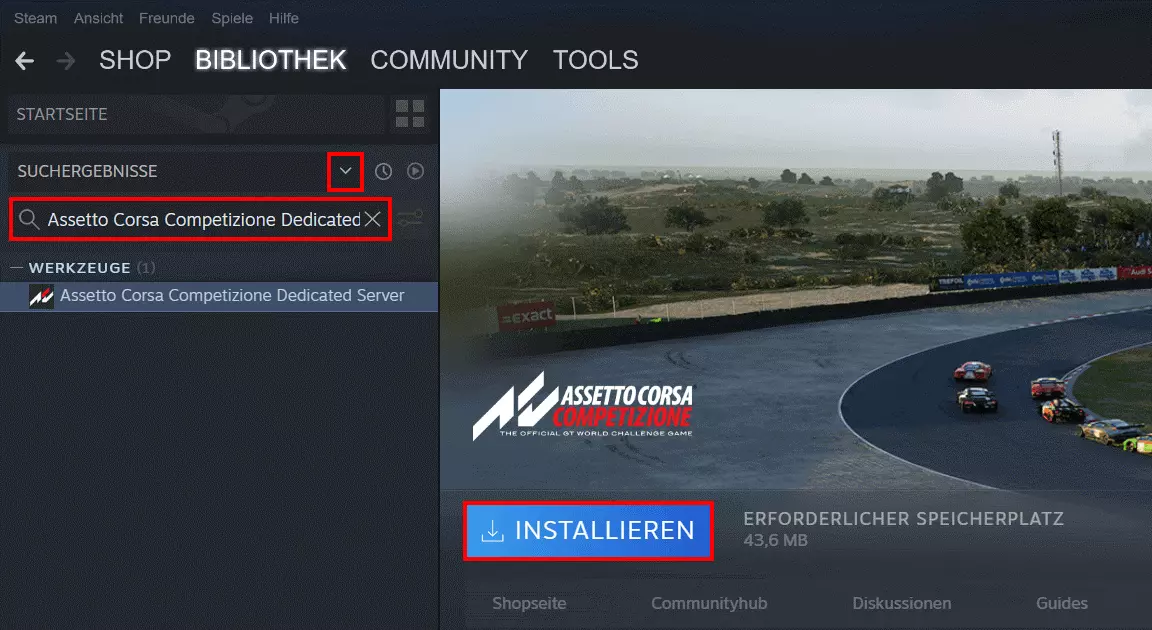 Installation der ACC-Dedicated-Server-Software via Steam-Bibliothek